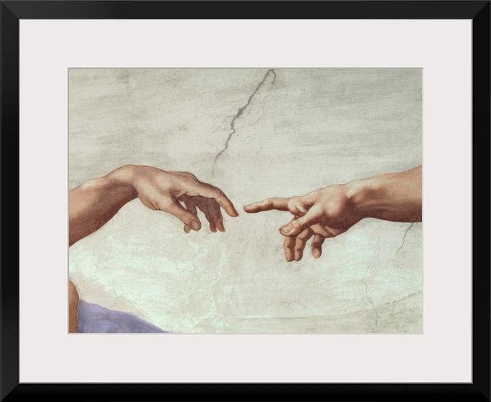 Classic painting of an outstretched arm reaching to touch a lifeless hand with its finger tip with a cracked stone backgro...