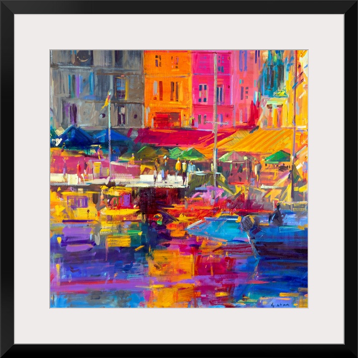 A landscape painting of a harbor painted with impressionistic brushstrokes and vivid unnatural hues.