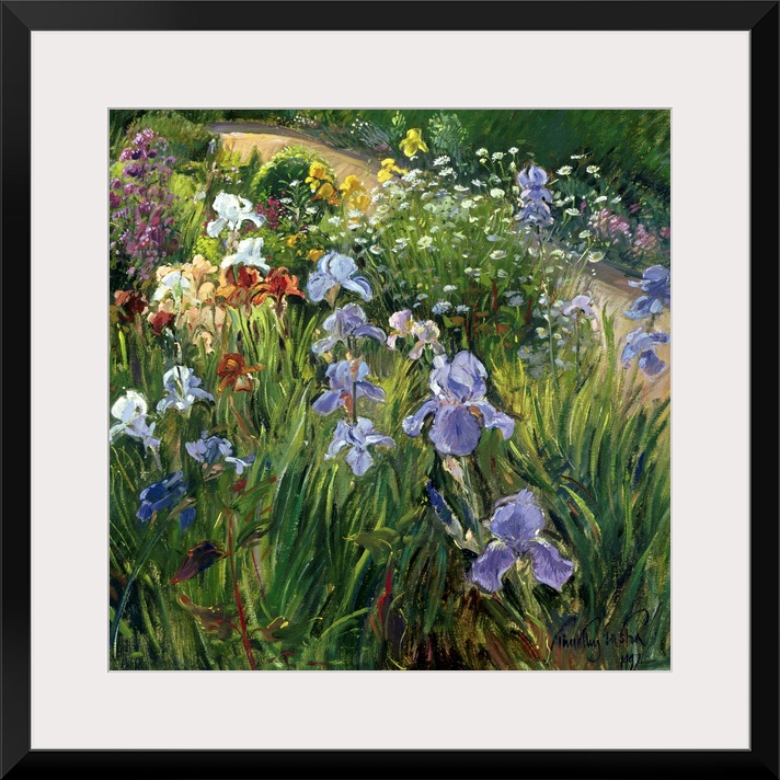 Large square floral art focuses on a variety of flowers at close range that includes irises and oxeye daisies against a ba...