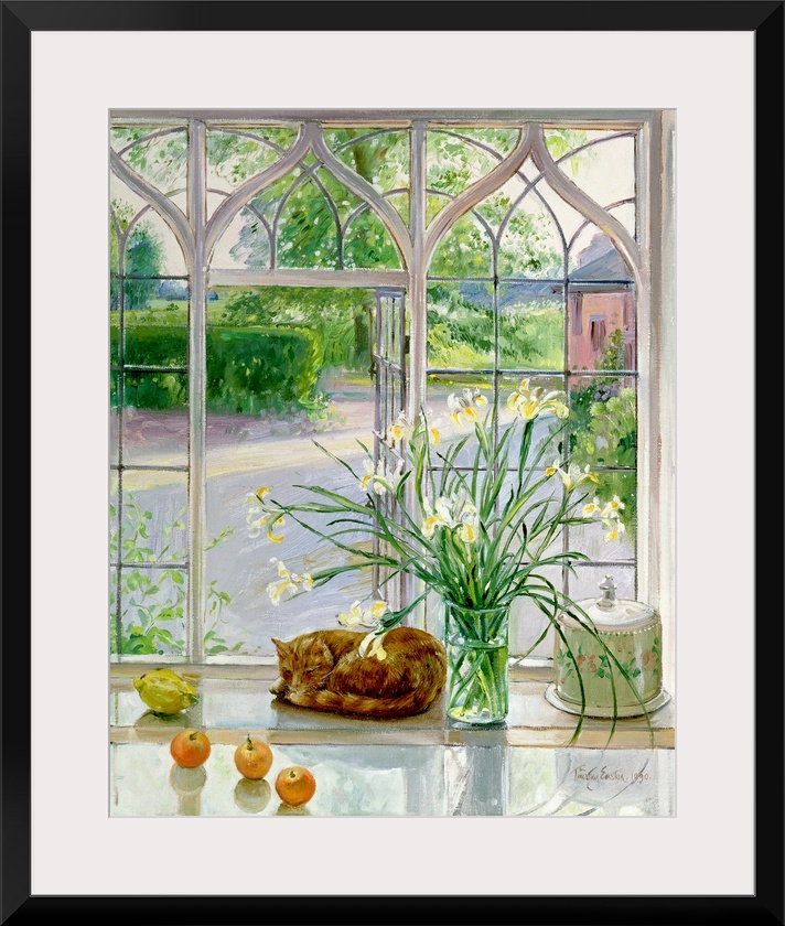 Contemporary artwork of a large vase of flowers that stands in front of a big window with a cat curled up beside it.