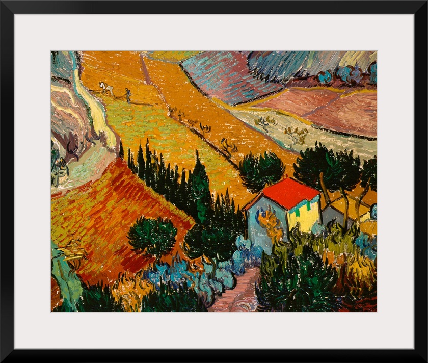 Big classic art depicts an aerial view of a man and horse plowing a field on a farm within a valley.  Surrounding the farm...