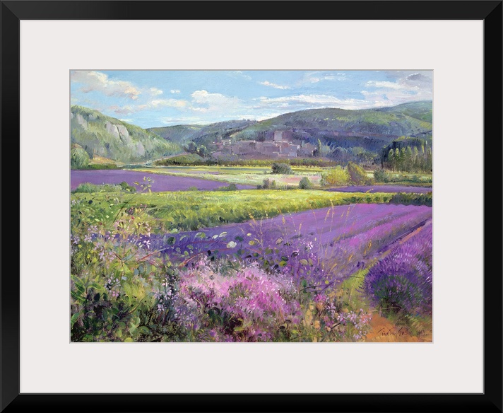 Big painting of fields of lavender with rolling hills in the background. Cooling tones are featured throughout the artwork.