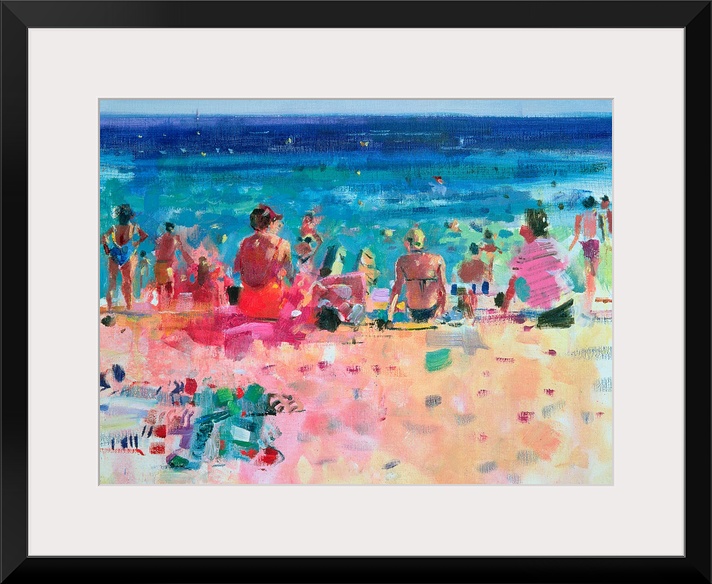 Large wall art of a crowded beach with people tanning on the sand as well as people swimming in the water.