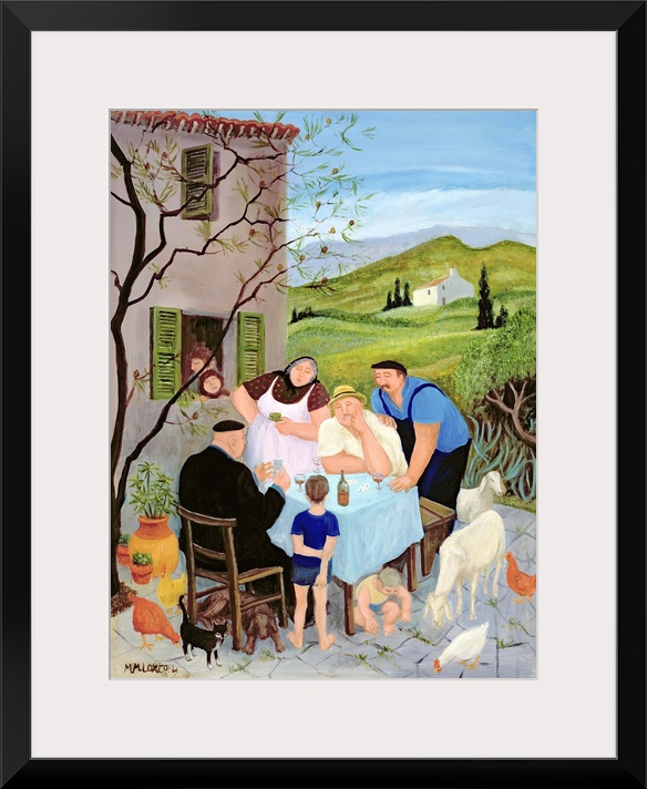 Contemporary painting of people eating outside on a Sunday morning.