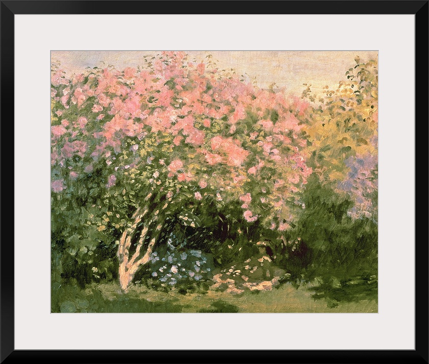 Giant classic art depicts a few lush trees enjoying the sunlight while surrounded by bushes and groups of flowers.  Artist...
