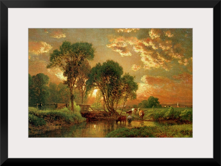 Landscape, classic art painting of cows drinking from a river at sunset, surrounded by trees, beneath a sky of billowing c...