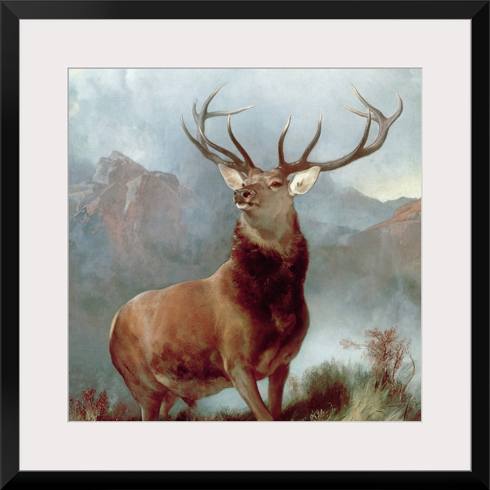 A square, landscape painting of a majestic stag posing in the mountains.