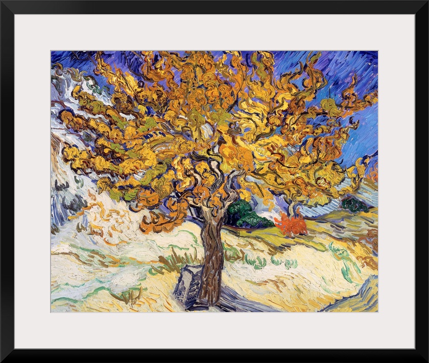 Writhing brush strokes depict the leaves and tree branches in this lively Impressionist landscape.
