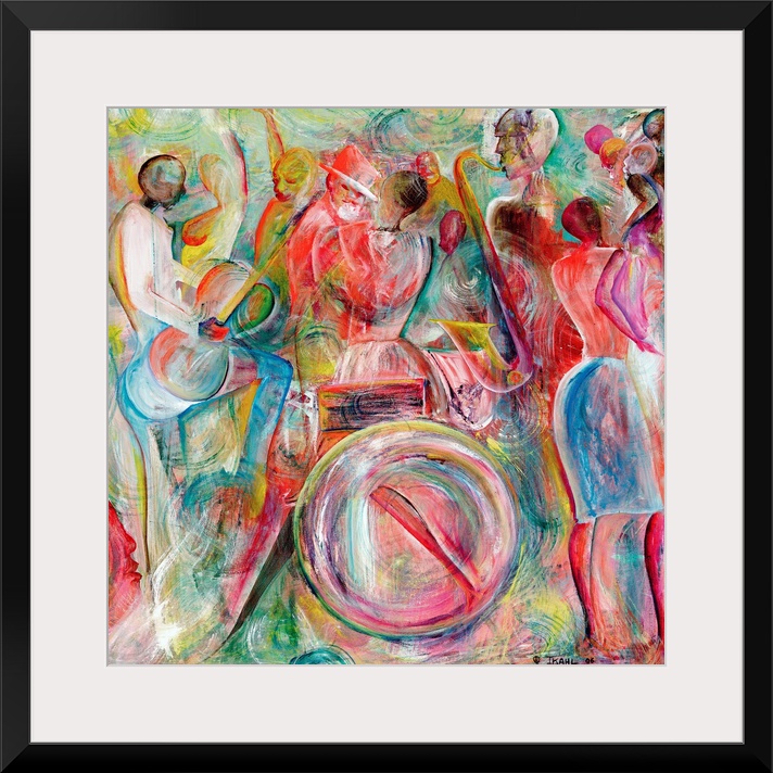 This contemporary art is an abstracting painting of African-American musicians playing jazz instruments in a crowd.