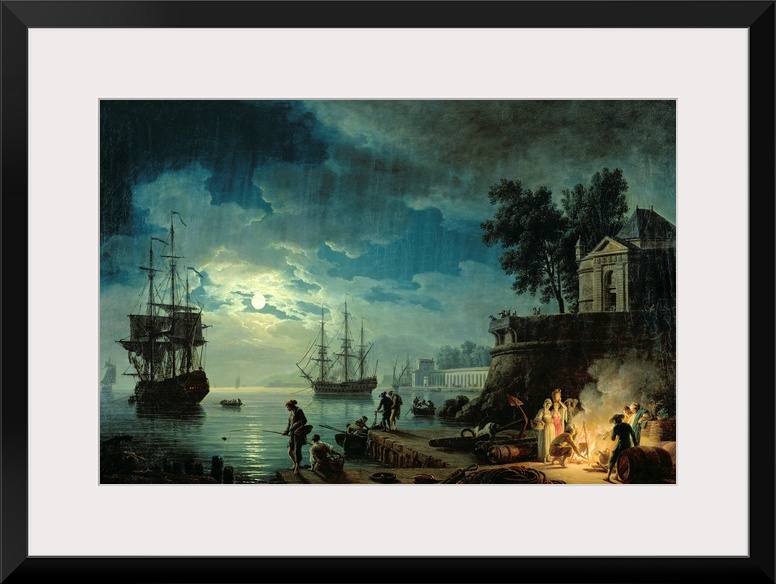 Oil painting of ships coming into a port at night with the ocean illuminated in moon light and people burning a fire on th...