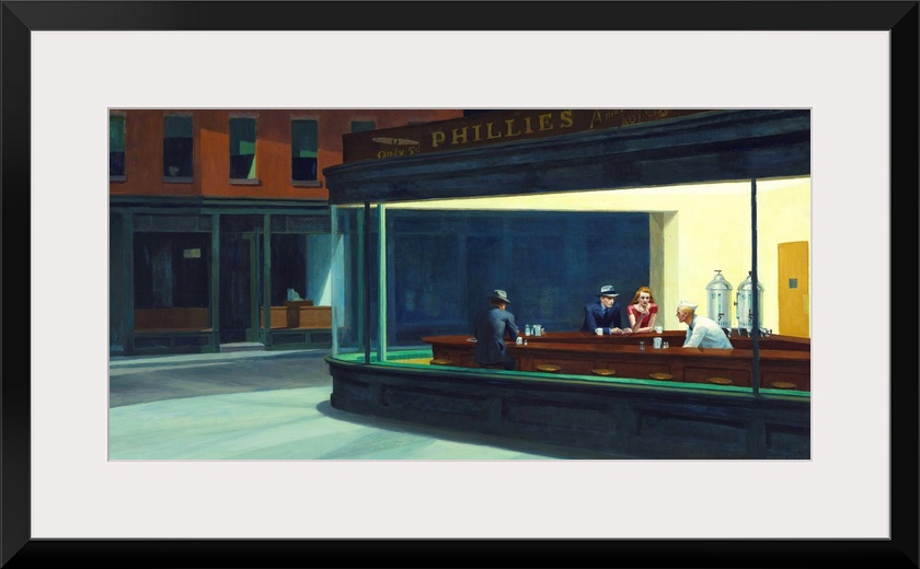 Painting of a view from outside of two men and a woman sitting inside at a diner bar drinking coffee on a New York street ...