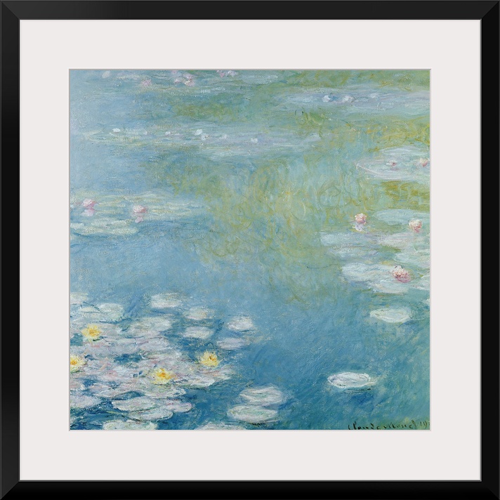 Oversized, square, classic wall painting in the Impressionist style, of a pond with swirling blue water, full of groupings...