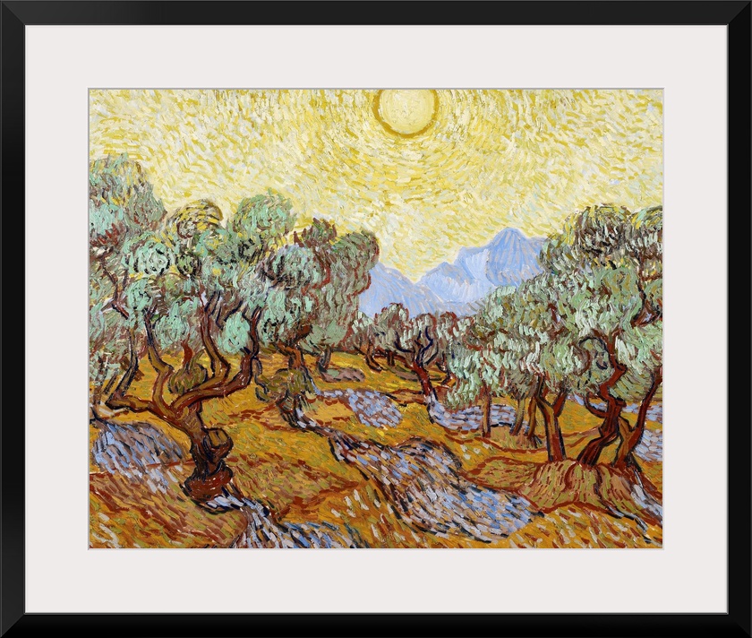 Classical painting of an olive grove with trees in rows and the blazing sun creating shadows on the ground.