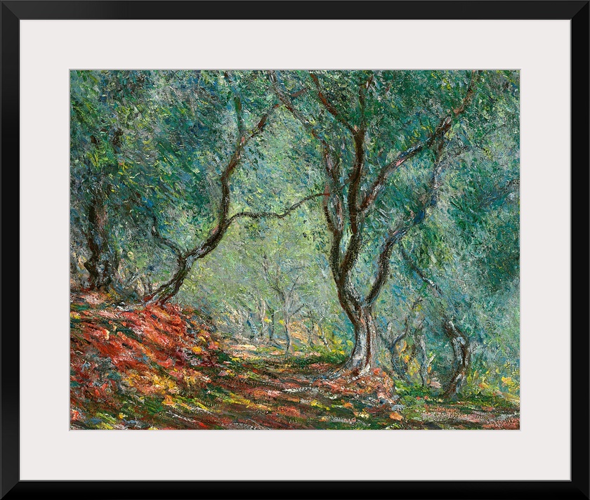 Giant classic art depicts a colorful path traveling down a forest littered with trees as far as the eye can see.