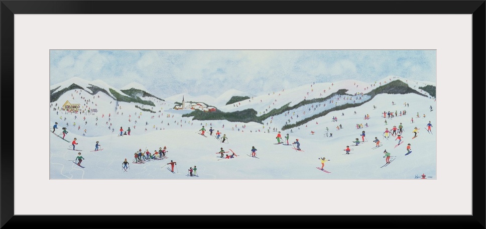 Contemporary painting of people enjoying  the snow in a hilly landscape.