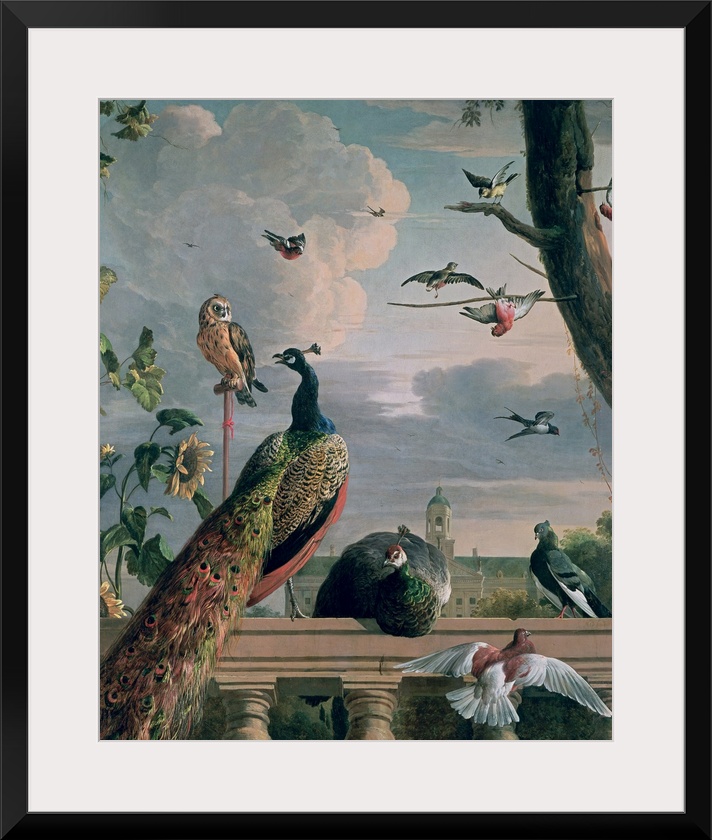 This is a vertical painting of a 17th century outdoor menagerie of birds gathering on a porch railing and in a near by tree.