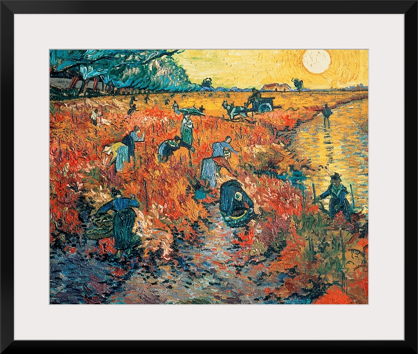 Impressionist painting of farm workers harvesting grapes in the late afternoon