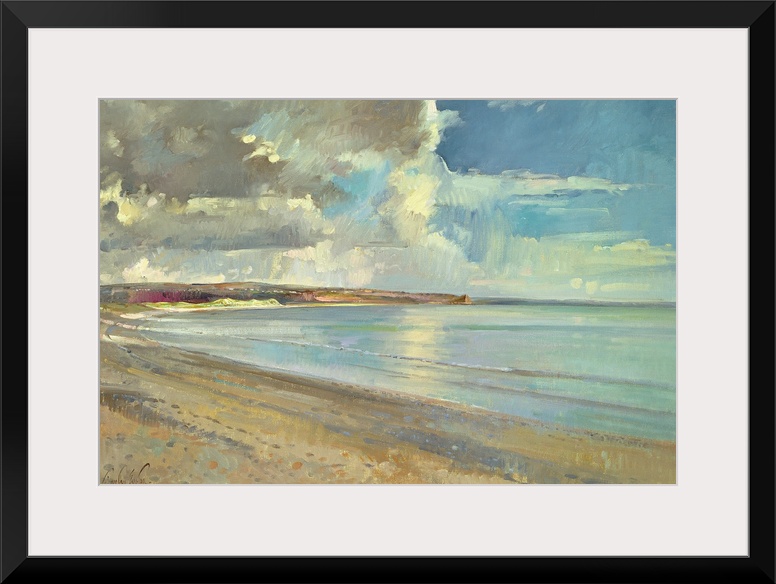 A contemporary, realistic landscape painting of a sandy beach on a partially cloud day.