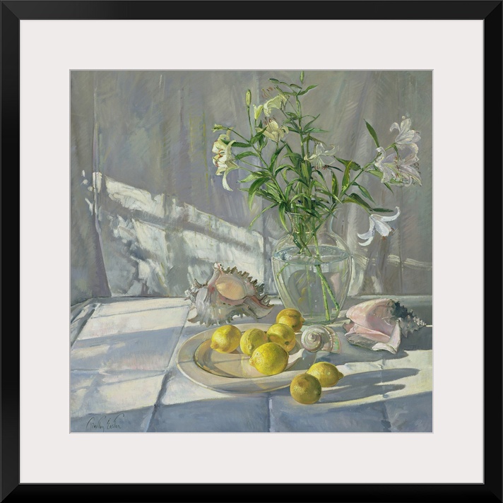 Square oil painting of flowers in a vase with sea shells scattered around and lemons on a plate.