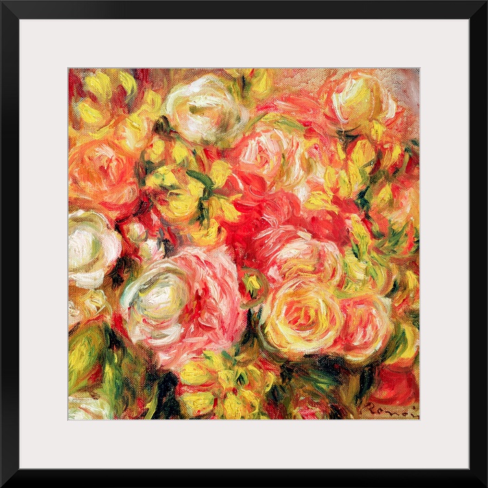 Oil painting on canvas of a bunch of warm toned roses.