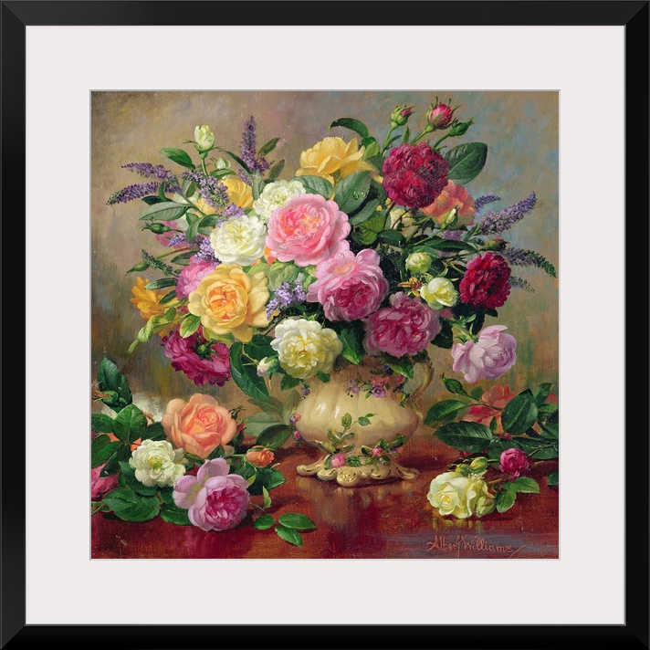 Huge floral painting shows an arrangement of various colorful roses from a garden sitting in a vase and spread out on a ta...