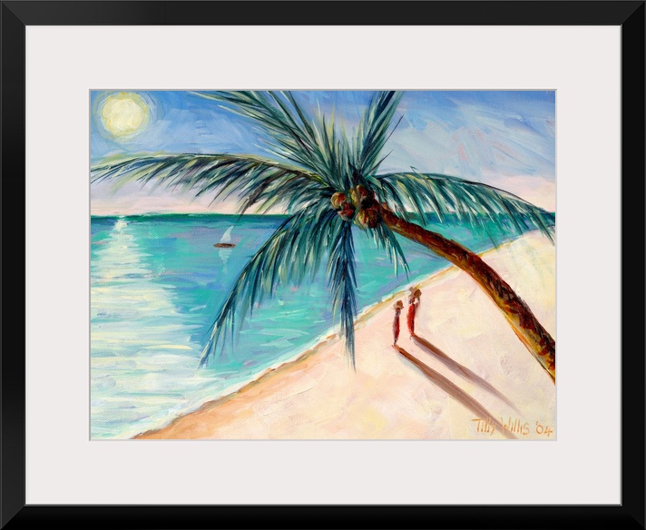 Contemporary painting of a tropical beach scene with figures and sail boat watching the sun setting.