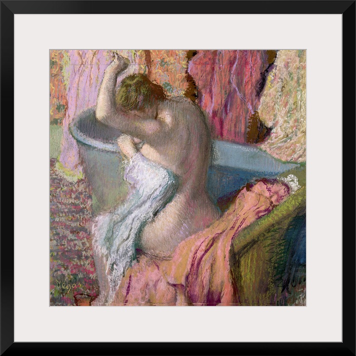 This large artwork piece shows a woman sitting in a chair next to her bathtub drying off. Many different colors and painti...