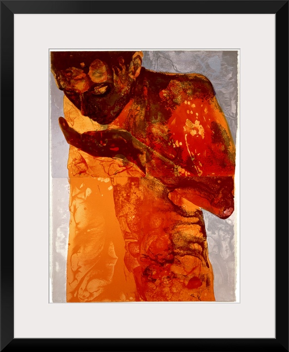 A giclee print on canvas originally from a silkscreen print. An abstracted human figure sips from their hand; the figure i...