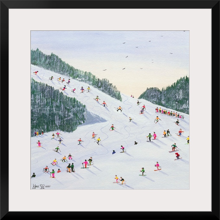 Contemporary painting of several people skiing on a hill in the late afternoon.