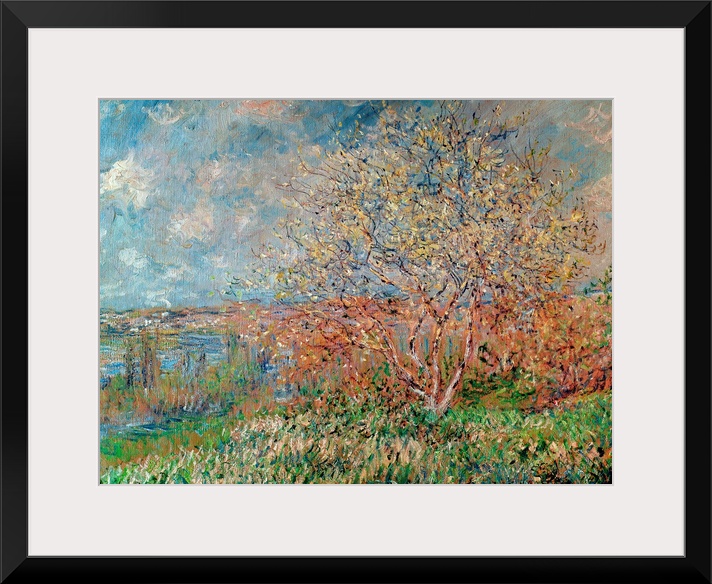 An Impressionist landscape painting of a small tree growing on a hill overlooking a valley.