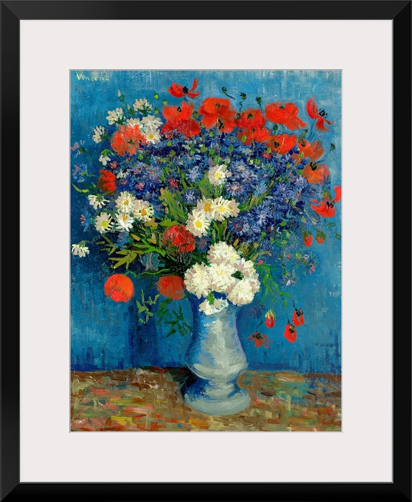 Classic painting of a vessel containing a bouquet of fresh, bright flowers on a table against a wall.
