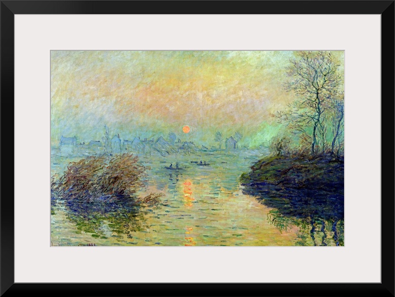 Landscape painting from an Impressionist masterof boats paddling in a river as the sun sets.