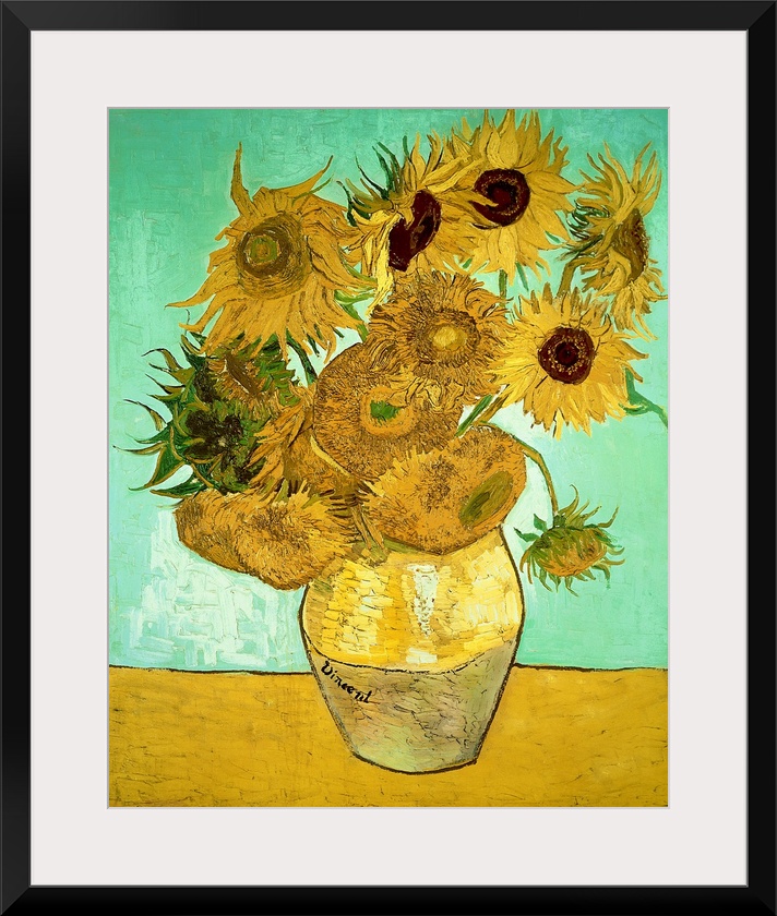 Classic oil painting of warm colored sunflowers in a vase with a cool toned background.