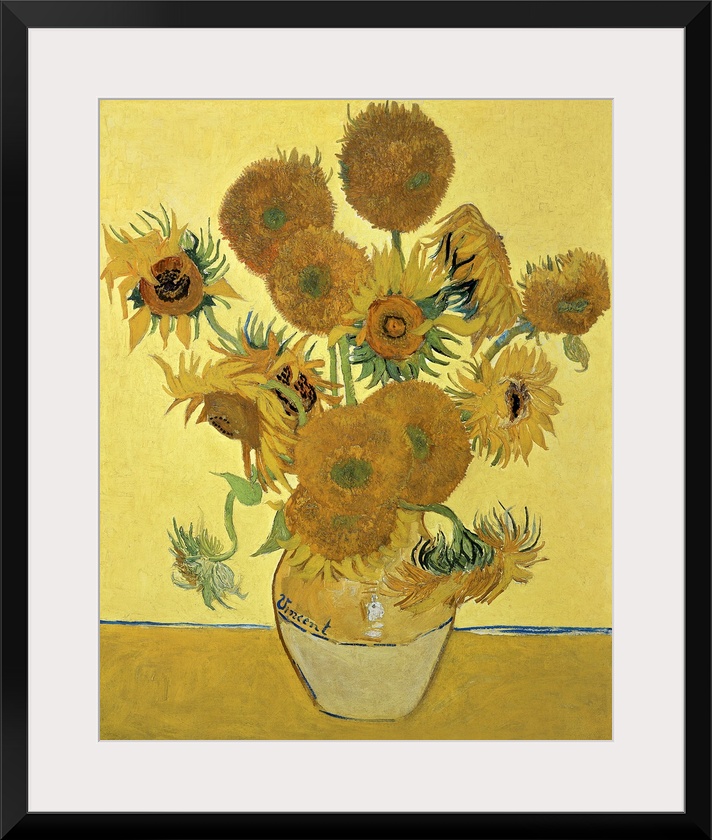 Vincent Van Gogh's famous oil on canvas painting of sunflowers in a vase in warm tones.