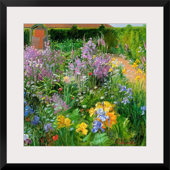 Square painting of different types and colors of flowers planted in a garden.