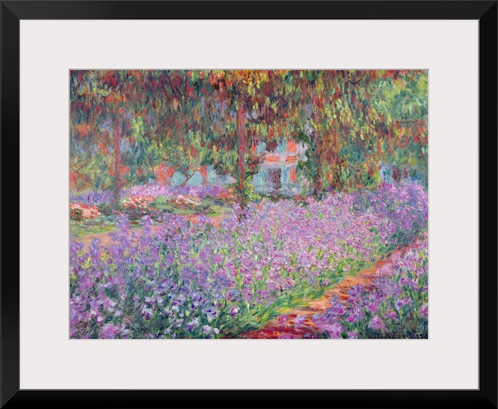 Giant classic art painting showcasing a beautiful garden filled with flowers and surrounding trees.