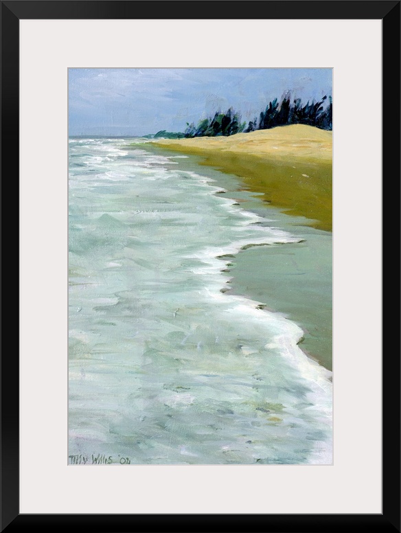 This is a contemporary painting showing waves rocking against the shore of a sandy beach on a vertical wall hanging.
