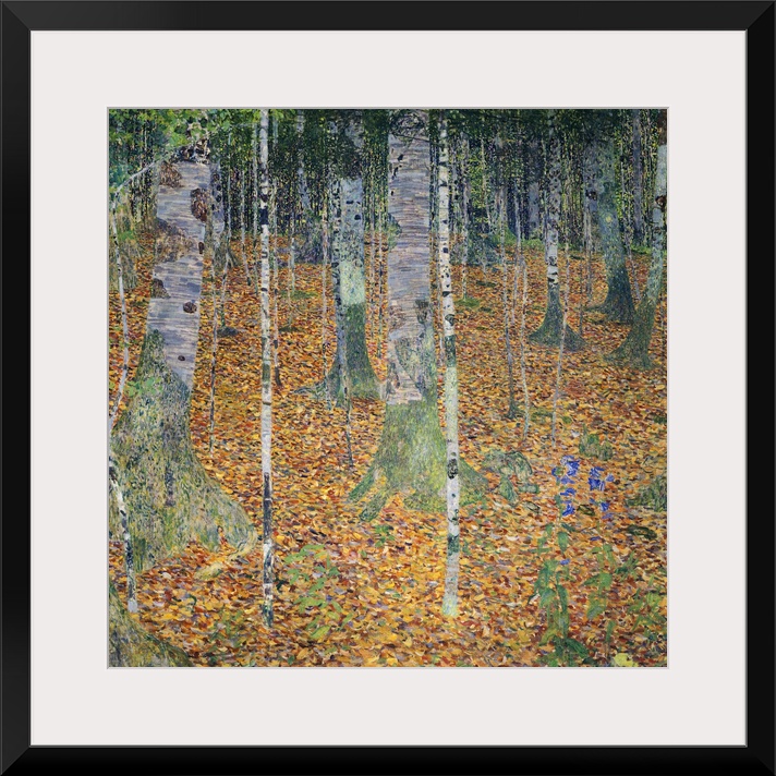 A square, modern art painting of a forest floor covered with leaves and moss covered birch trees.