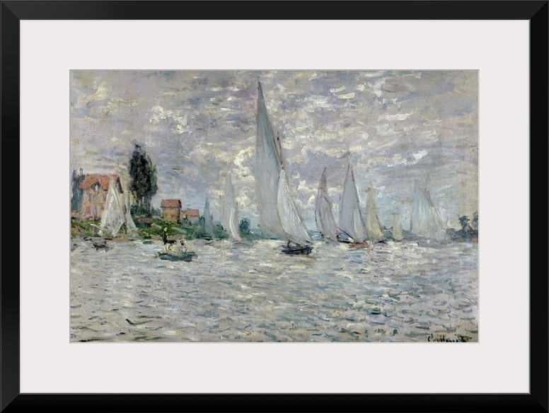 Big classic art shows a fleet of sailboats making their way through a choppy waterway in Paris, France.  On the shore of t...