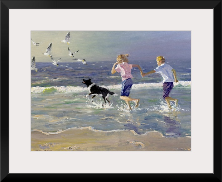 Painting of two children holding hands running on the beach as a dog chases birds in front of them. Cool tones dominate.