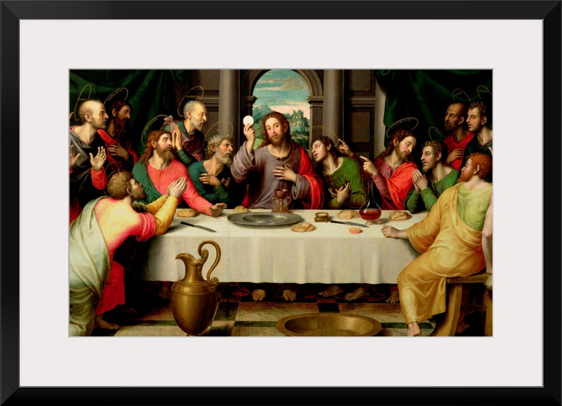 Big classic art depicts the final meal Jesus Christ shared with his Apostles in Jerusalem before his crucifixion.