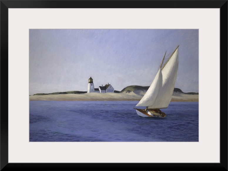 Classic art painting of a sailboat moving gracefully across the water on the New England shore with cool tones and sense o...