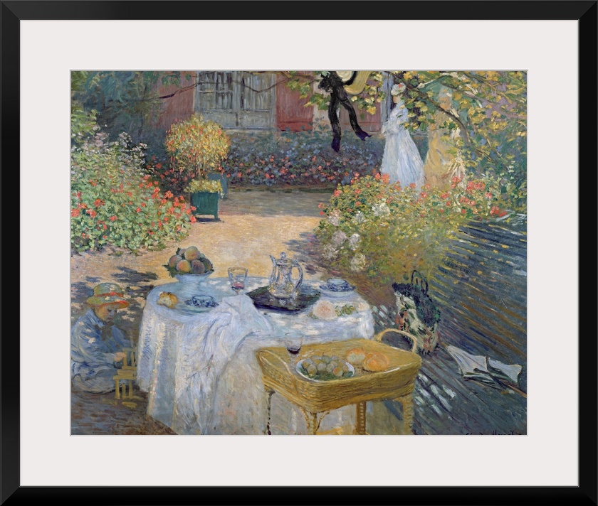 Big classic art showcases a couple of women and a child enjoying an afternoon snack within a courtyard on a sunny day.  Ar...