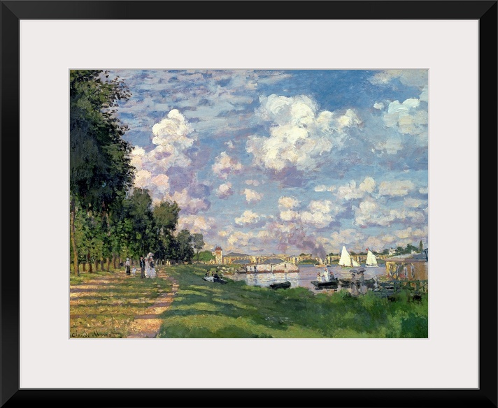 This wall art is a landscape painting of a river scene by an Impressionist master showing a road lined with trees and a ri...