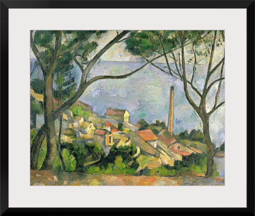 Painting by Paul Cezanne of a picturesque seaside town with two trees in the foreground on a hill overlooking the town.