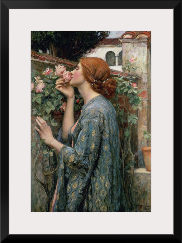 A Pre-Raphaelite painting from the early 20th century of a red haired woman in an embroidered robe inhaling the fragrance ...