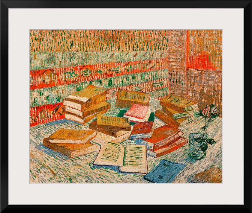 Large classic art portrays a stack of different literature sitting next to a flower in a cup of water on a table.  The wal...