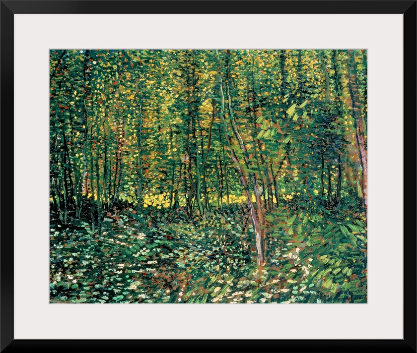 Large classic art depicts a lush forest filled with trees and shrubbery through the use of an abundance of warm tones.