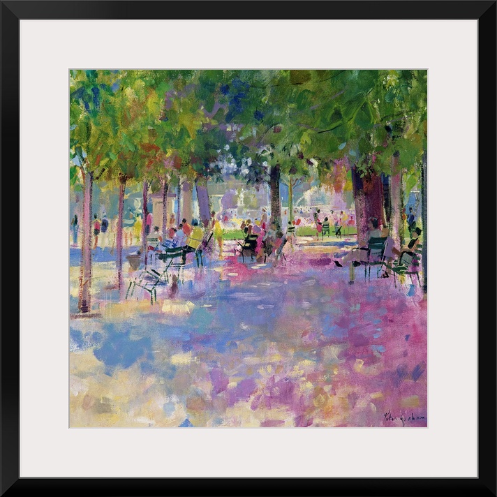 Contemporary painting of park on a sunny day.   There is a wide path lined with huge trees and chairs.  There is a grass m...