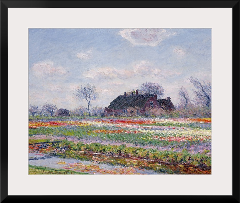 Huge classic art depicts a field in the Netherlands covered in an array of brightly covered flowers.  Within the field is ...